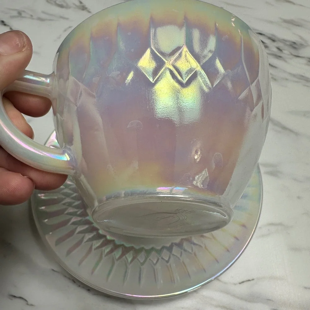Vintage Federal Glass Moonglow Iridescent Tea Cup Saucer Set Princess Party